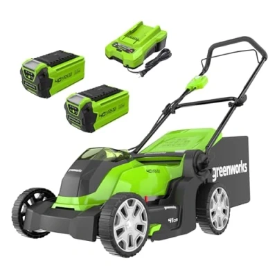 Afbeelding van Greenworks Accu Grasmaaier 40 Volt 41 cm Met 2x 2.0 Ah En Lader Snijhoogte: 20 70 mm Tot 500 m² 50 liter Grasopvangbox Groen/Zwart