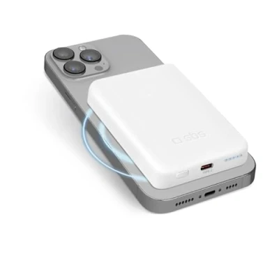 Afbeelding van SBS Power Bank 5000 mAh batterij, compatibel met MagSafe, draadloos opladen, USB C aansluiting, statusled, universeel voor iPhone, Samsung, Xiaomi, Oppo, wit.
