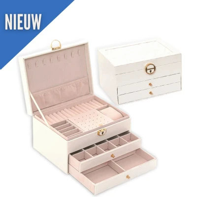 Afbeelding van ATV PERFECTUM Sieradendoos Wit Juwelendoos 3 lagen Luxe Sieraden Doos Dames Sieradenhouder Tijdloos Design Kunstleer Ketting, Armband, Ring, Oorbellen &amp; Horloges Bijouteriedoos