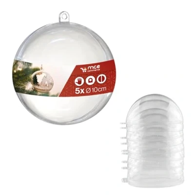 Afbeelding van acryl bal A661005 Ø 10 cm glashelder met oogje om op te hangen, 2 delen, 5 stuks, plexiglas ballen, kerstbal, kunststof bal, transparant,