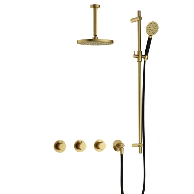 Afbeelding van Hotbath Cobber Regendoucheset IBS70 Geborsteld Messing PVD Ronde handdouche 20cm Hoofddouche 15cm Plafondbuis Handouche met glijstang