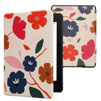 Afbeelding van kwmobile E reader hoesje geschikt voor Amazon Kindle Paperwhite 11. Generation 2021 hoes flip case met magnetische sluiting Ereader cover Bonte bloemen design in roze / donkerblauw crème