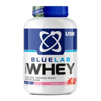 Afbeelding van USN Blue Lab Whey eiwitdrank in poeder, wei eiwitten &amp; BCAA, massaopname en herstel, post workout shaker, aardbeiensmaak, 2 kg, NBLW12