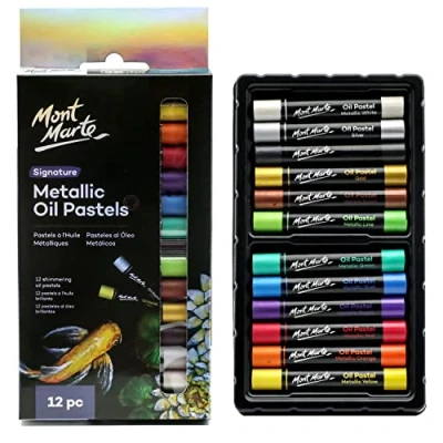 Afbeelding van MONT MARTE metallic oliepastels handtekening 12st, diverse kleuren, levendig en boterig, veelzijdige kunstpastelkleuren voor blenden, gelaagdheid schaduw, ideaal kunst, ambacht,