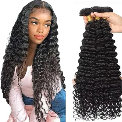 Afbeelding van Tuheerst Sew in Hair Extension Human Bundles Deep Wave Natural Black Real Extensions 3 Bundle Double Weft Remy Minimal Shedding 28 Inch