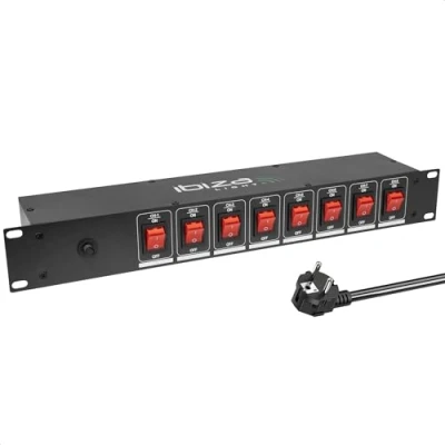 Afbeelding van Ibiza LC806S 19&quot; stekkerdoos 8 voudig inbouw met hoofdschakelaar Aluminiumlegering Zwart Schuko stopcontacten