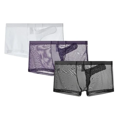 Afbeelding van lclvld Herenshorts, sexy boxer, slips, transparant ondergoed, mesh, ademend, sexy, olifant, shorts, zwart + paars wit, XL