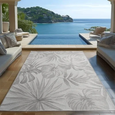 Afbeelding van Carpetsale24 Buiten Vloerkleed grijs 200x290 cm, weerbestendig en UV bestendig, ideaal voor de keuken, balkon, terras, evenals woonkamer eetkamer, Palmbladeren design