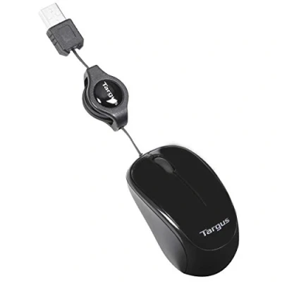 Afbeelding van Targus Compact Blue Trace Mouse kleine computermuis met uittrekbare kabel optische muis technologie voor alle oppervlakken laptop onderweg zwart, AMU75EU
