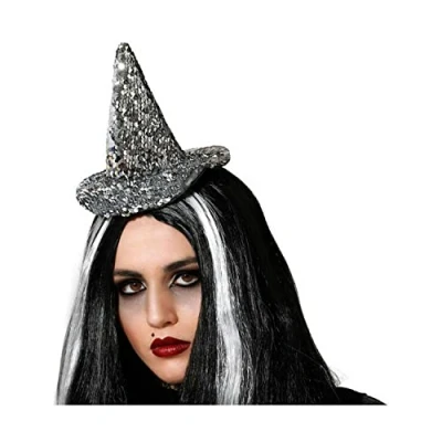 Afbeelding van Halloween heksenhoed mini hoedje op diadeem one size zilver glitter meisjes/dames Verkleedhoofddeksels