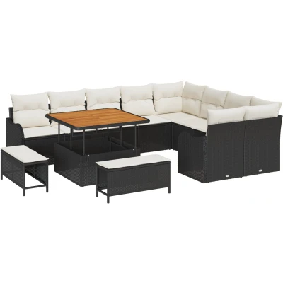 Afbeelding van vidaXL 12 delige Tuin Sofa Set met Kussens Zwart Poly Rieten Acacia, 2 zits Opslag &amp; Rieten, 3 Eet Acacia