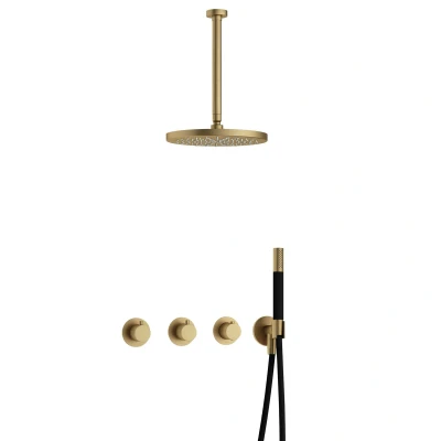 Afbeelding van Hotbath Cobber Regendoucheset IBS70 Geborsteld Messing Staaf handdouche 30cm Hoofddouche Plafondbuis Handouche met wandhouder
