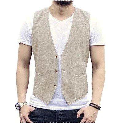 Afbeelding van AeoTeokey Zomervest voor heren, linnen, casual, rechte pasvorm, Beige, L