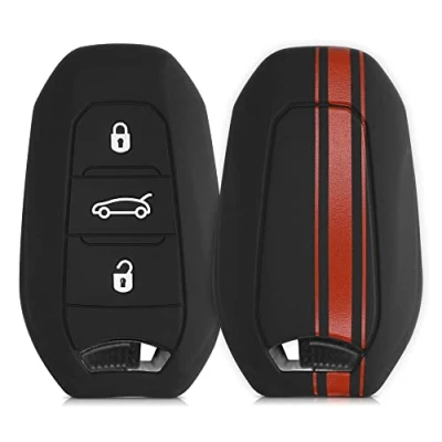 Afbeelding van kwmobile Autosleutel hoesje geschikt voor Opel 3 knops SmartKey Keyless Go behuizing in rood / zwart Rallystrepen design