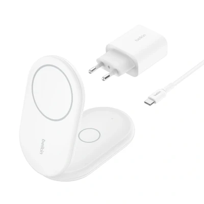 Afbeelding van Belkin BoostCharge 2 in 1 magnetische inklapbare Qi2 15W lader, MagSafe compatible draadloze oplader, snellader voor Apple iPhone 15/14/13/12, laadstation met antislipvoet, voedingsadapter Wit