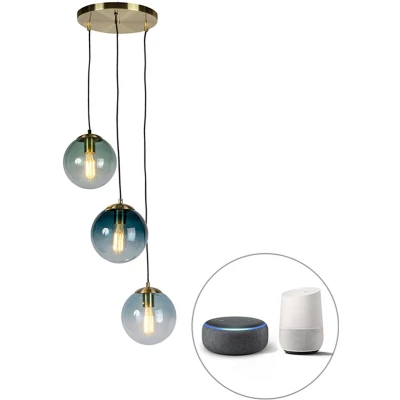 Afbeelding van QAZQA Smart hanglamp messing incl. 3 WiFi ST64 met blauw glas Pallon