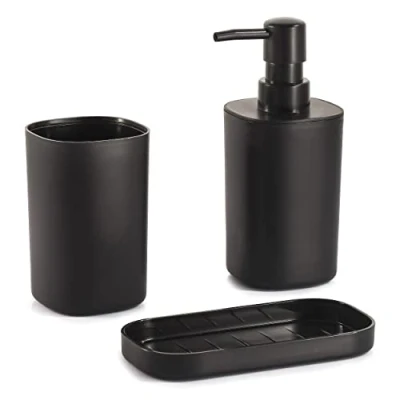 Afbeelding van MSV Badkamer accessoires set 3 delig Lona Kunststof Zwart Zeeppompje/beker/schaaltje Badkameraccessoireset