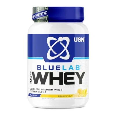 Afbeelding van USN Blue Lab Whey NBLW05 Proteïnedrank van poeder, weiproteïne en BCAA, massageopname herstel, shaker post training, bananensmaak, 908 g