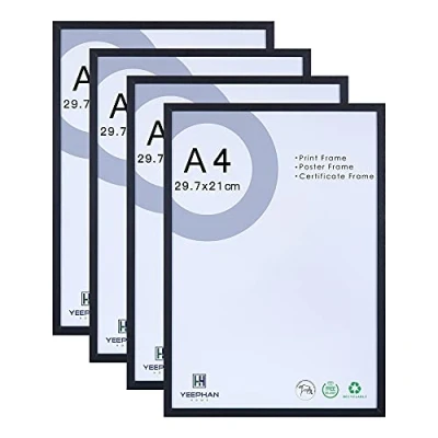 Afbeelding van YEEPHAN A4 Picture Photo Frame, 21 x 30 cm certificaatframe van massief hout met kunststof glas front voor wandbehang en tafeldisplay, zwart, 4 pack
