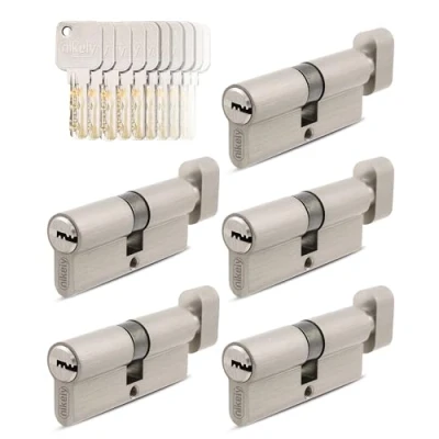 Afbeelding van GERCAR Pro 5x knopcilinder 30/30 gelijksluitende set 5 slotcilinder met knop incl. 25 sleutels 60 mm deurslot cilinderslot 5er cilinder lengte: 60mm, A:30 B:30 massief messing
