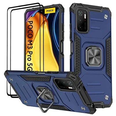 Afbeelding van KANSI Hoesje compatibel voor Xiaomi POCO M3 Pro 5G / Redmi Note 10 5G, gehard glas [2 stuks] + beschermend siliconen TPU schokbestendig hard pantser blauw