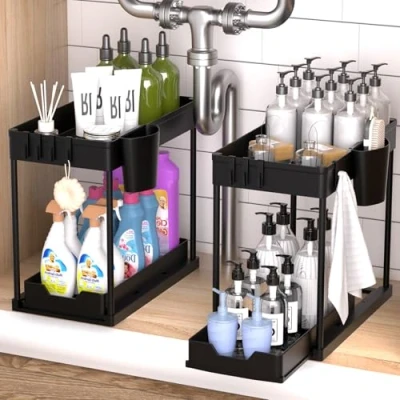 Afbeelding van Yocole 2 stuks zwart onder de wastafel, pull out ijsmachine, gootsteen, gootsteen organizer badkamer keuken
