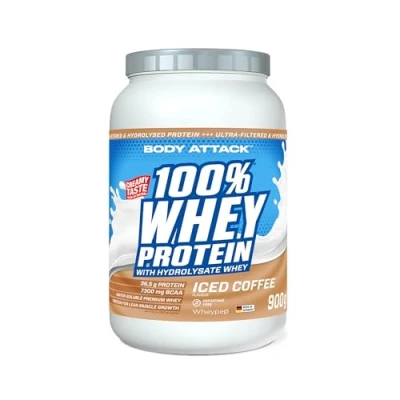 Afbeelding van Body Attack 100% Whey Proteïne, Iced Coffee 900 g Made in Germany extra romig eiwitpoeder met hydrolysaat en BCAA&#039;s, ondersteunt spieropbouw diëten voor sporters atleten