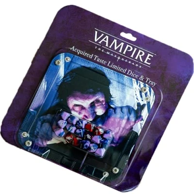 Afbeelding van Vampire: The Masquerade 5e editie rollenspel Verworven Taste Limited dobbelstenen &amp; lade accessoirepakket 18 paarse en rode RPG vouwlade