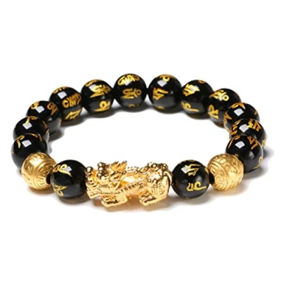 Afbeelding van Excras Feng Shui Golden Pi Xiu geluksbrenger amulet armband zwart natuurlijke obsidiaan rijkdom