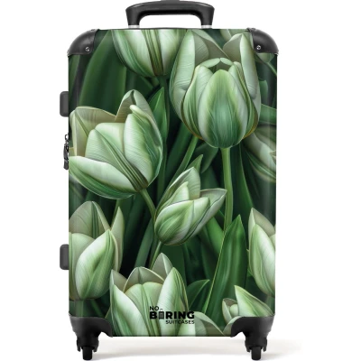 Afbeelding van NoBoringSuitcases.com® Koffer groot Rolkoffer lichtgewicht Groen met witte tulpen Reiskoffer 4 wielen Grote trolley XL 20 kg bagage
