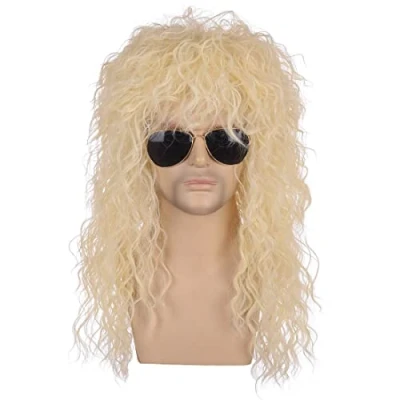 Afbeelding van Blonde Lange Vokuhila Mullet Perücke, ATAYOU 80er Jahre Punk Heavy Metal Perücke Retro Rocker Disco Halloween Cosplay Unisex (Blond 723)