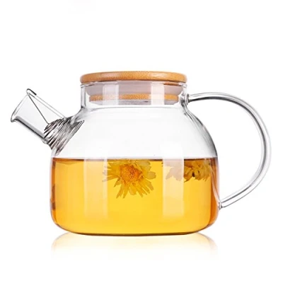 Afbeelding van TAMUME 1000ML glazen theepot met bamboe deksel en roestvrijstalen filterspoel waterkan ideaal voor fruittheecontainer bloeiende
