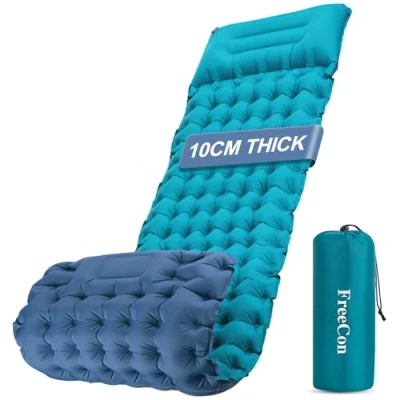 Afbeelding van Zelfopblazende campingmat, opblaasbare matras, lichtgewicht slaapkussen, eenpersoonsbed met kussen voor volwassenen backpacken, wandelen, strand (blauw+groen, 10 cm)