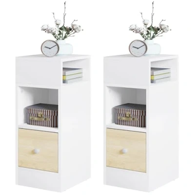 Afbeelding van EUGAD Set van 2 smal nachtkastje, nachtkastje met vakken en lade, 25 x 30 66 cm, ruimtebesparend meubelstuk voor slaapkamer, woonkamer, spaanplaat, eiken, 0011CTG