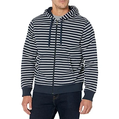 Afbeelding van Amazon Essentials Men&#039;s Fleecetrui met volledige ritssluiting en capuchon (verkrijgbaar in grote lange maten), Marineblauw Wit Streep, L