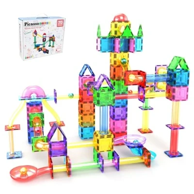 Afbeelding van PicassoTiles 70 Stuk Marmer Run Race Track Magnetische Tegels Magneet Bouwsteen Educatief Bouw Speelgoed Set Speelset STEM Leren Kit Kind Hersenen Ontwikkeling HandEye Coördinatie Training PTG70