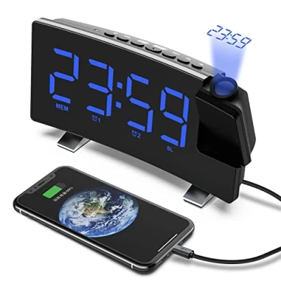 Afbeelding van Digitale wekker, projectie wekkerradio alarm met projectie, LED reiswekker, FM radio USB aansluiting, tafelklok, 3 niveaus helderheid 180 display uitschakelbaar, dimbaar