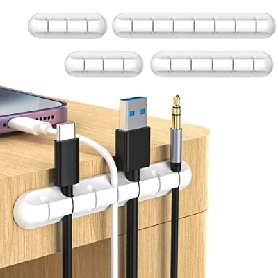 Afbeelding van JANREAY Kabelhouder, kabelclips, 4 stuks, multifunctionele kabelorganizer, set voor bureau, audiokabel, netsnoer, USB oplaadkabel (wit)