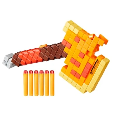 Afbeelding van Nerf Minecraft Firebrand, dartblasterbijl, 6 Elite foamdarts, ontwerp geïnspireerd op bijl uit de videogame, doorladen met omlaagtrekhendel, speelgoed