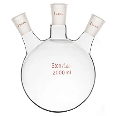 Afbeelding van stonylab Glazen Zware Muur 3 Nek Rond Bodem Kolf RBF, met 24/40 Centrum en Kant Standaard Taps Toelopende Buitenver Binding, 2000 ml