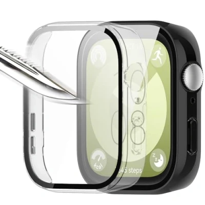 Afbeelding van Msiall [2 stuks zwart transparant met displaybeschermfolie van gehard glas voor Huawei Watch Fit 3, pc hoes hardheid 9H, bumper, volledige beschermhoes