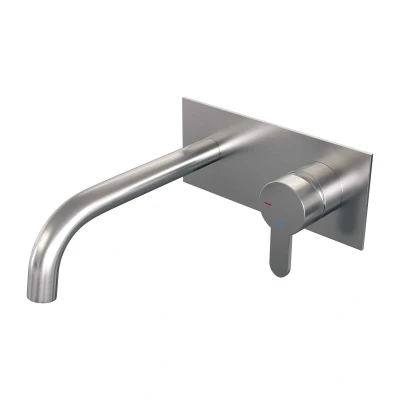 Afbeelding van Brauer Brushed Edition Wastafelmengkraan inbouw gebogen uitloop links hendel plat smal afdekplaat model D 1 PVD geborsteld RVS
