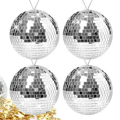 Afbeelding van Vegena 10 cm spiegelbol, discobal, 4 stuks zilveren disco bal, spiegelbal, hangbol voor feest, verjaardag, bruiloft, decoratie, lichteffect