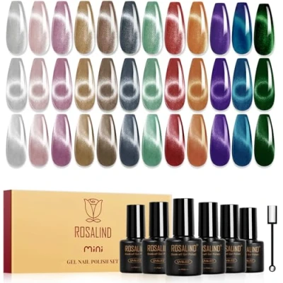 Afbeelding van ROSALIND UV nagellak Cat Eye, 12 kleuren zilver paars bruin groen rood blauw magnetische kristallen gelnagellak Eye met magneet, Soak Off mini voor nagelkunst manicure
