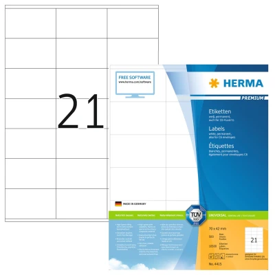 Afbeelding van HERMA 4415 adreslabels A4 (70 x 42 mm, 500 velle, papier, mat) zelfklevend, bedrukbaar, permanente klevende universele etiketten, 10.500 etiketten voor printer, wit