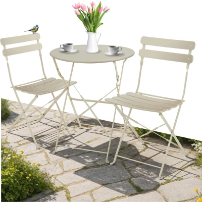 Afbeelding van tectake® Inklapbare bistroset Voor 2 personen Stalen frame Tafel en tuinstoelen balkon terras Buitenset Tuinset Klaptafel klapstoelen Elegant design Crème