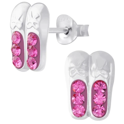 Afbeelding van JoyS Zilveren ballerina ballet schoentjes oorbellen magenta roze kristal