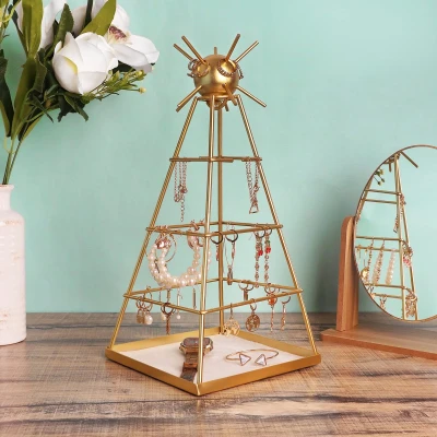 Afbeelding van Belle Vous Gouden Pyramide Sieraden Houder Display Standaard met Vierkante Basis H35,5 cm Hangende Organizer Boom/Toren Metalen Opslag Rek voor Kettingen, Armbanden, Ringen &amp; Oorbellen