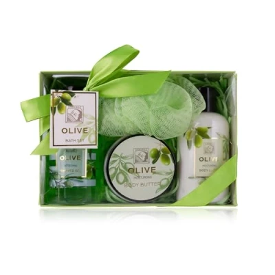 Afbeelding van Accentra doucheset dames cadeauset OLIJF in een mooie geschenkverpakking 4 delige verzorgingsset met douchegel, bodylotion, body butter en mesh spons wellness voor verjaardag