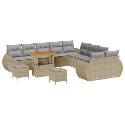 Afbeelding van vidaXL 13 delige tuinset met kussens in beige poly riet en acacia